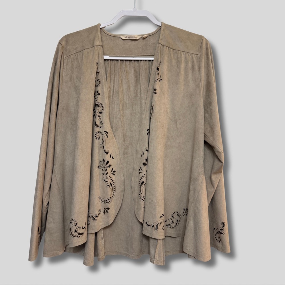Soft Surroundings Florentina Faux Suede Laser Cut Open Front Cardigan in Tan